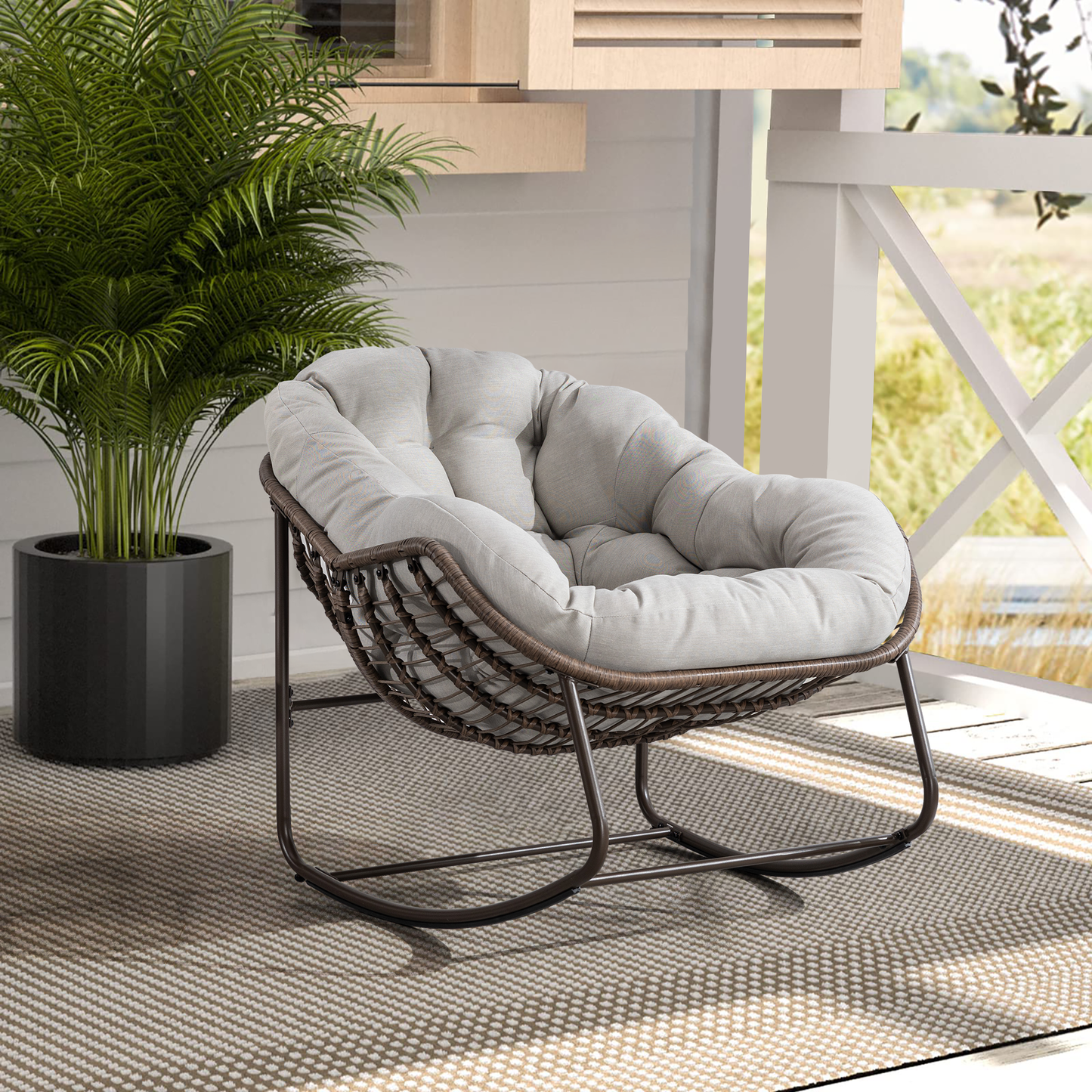 Outdoor Rattan Rocking Chair,Padded Cushion Rocker Recliner Chair Outdoor for Front Porch, Living Room, Patio, Garden, Beige