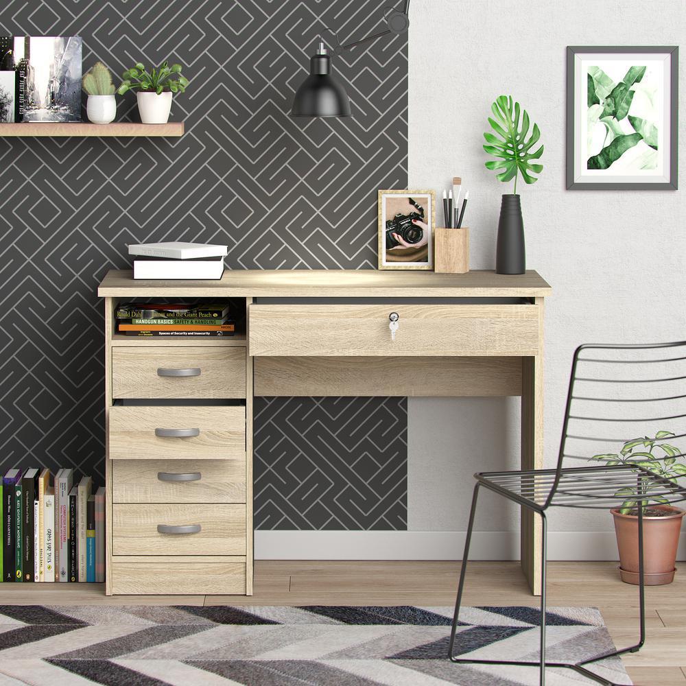 Modern Desk with 5 Storage Drawers for Living Room or Home Office, Oak Structure