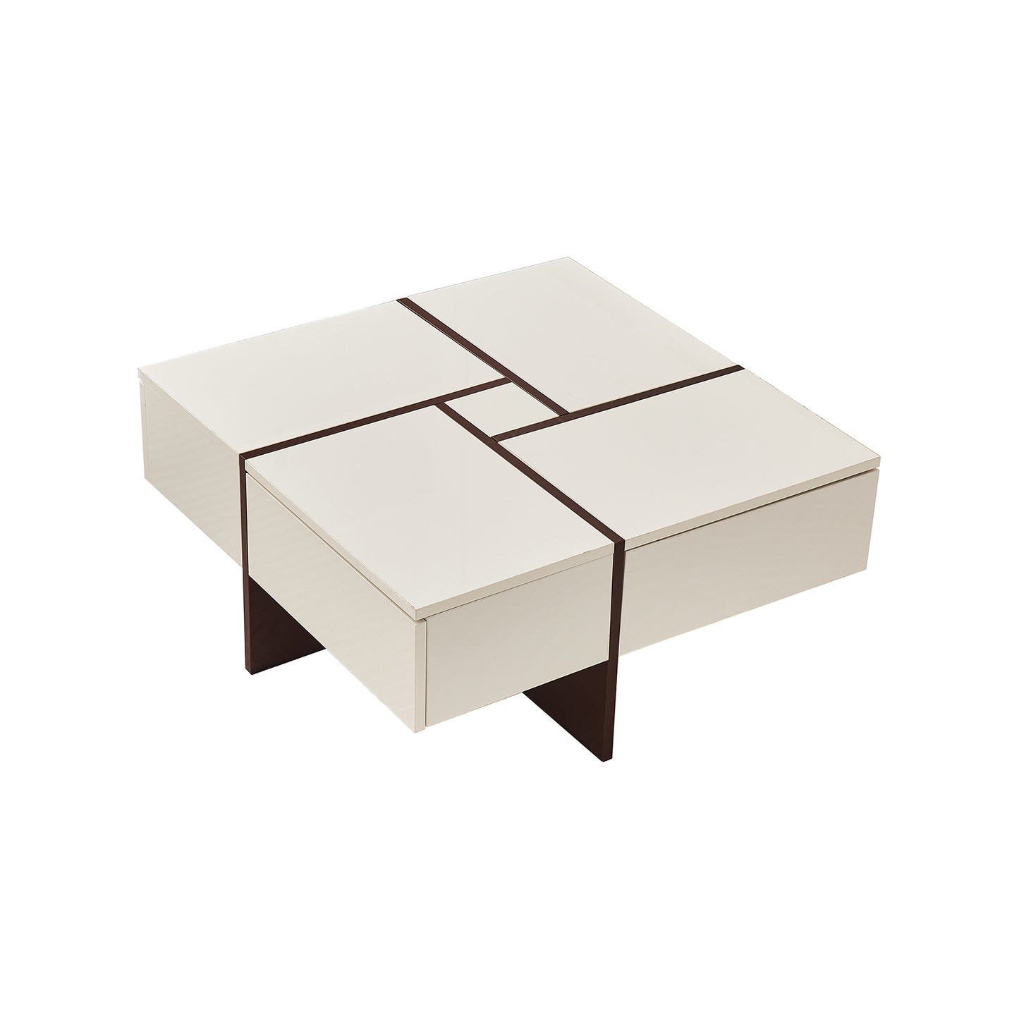 Victoria Collection Modern Style High Gloss & Veneer Finished Living Room Square Coffee Table with 4 Drawers - White & Walnut, Particle Board