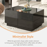 ON-TREND Extendable Coffee Table with 4 Drawers, Rectangle Cocktail Table with Hidden Storage Compartment, UV High-gloss Center Table with Sliding Top for Living Room, 35.4"x 23.6", Black