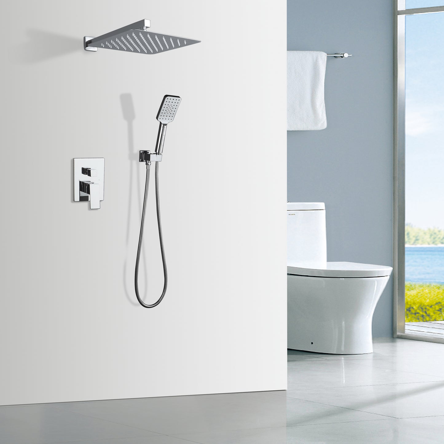 Shower Faucet Set Anti-scald Shower Fixtures with Rough-in Pressure Balanced Valve and Embedded Box, Wall Mounted Rain Shower System