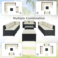 GO 9-piece Outdoor Patio Large Wicker Sofa Set, Rattan Sofa set for Garden, Backyard,Porch and Poolside, Black wicker, Beige Cushion