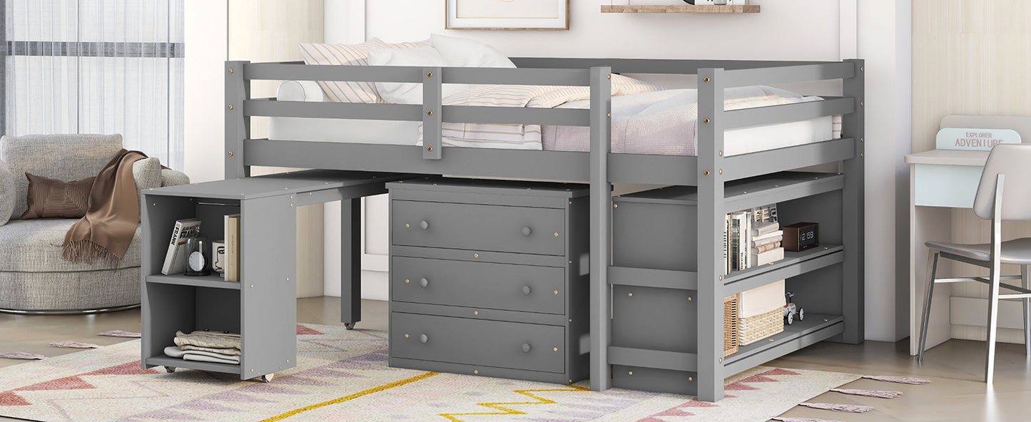 Low Study Full Loft Bed with Cabinet ,Shelves and Rolling Portable Desk ,Multiple Functions Bed- Gray