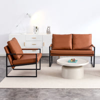 PU leather armchair metal frame upholstered armchair, upholstered backrest, living room sofa one double sofa+one single sofa (brown PU leather+metal frame+foam) SF-008