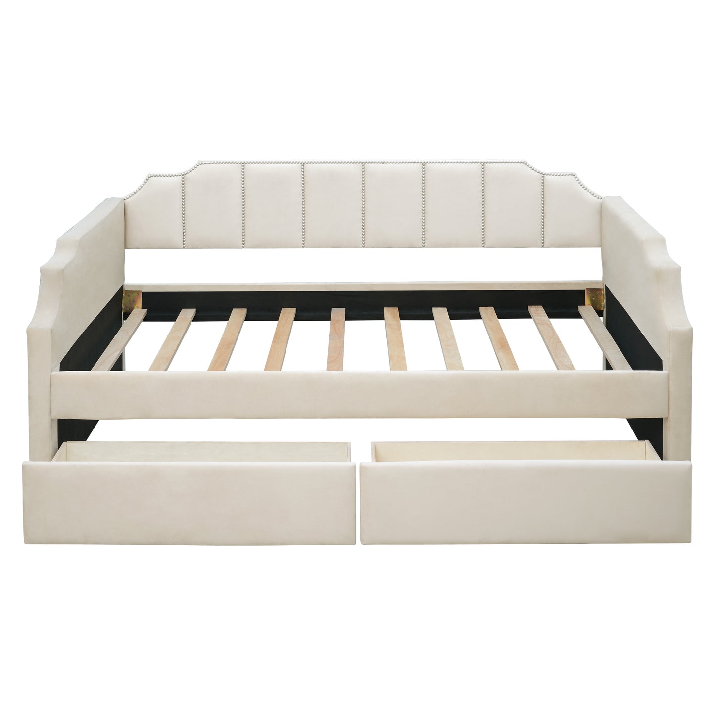 Twin Size Upholstered Daybed with Drawers, Wood Slat Support, Beige