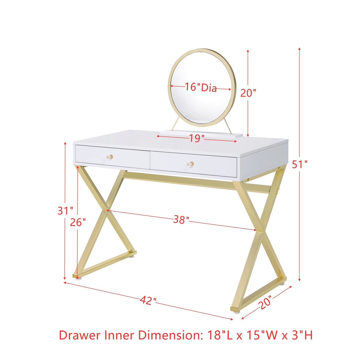 ACME Coleen Vanity Desk w/Mirror & Jewelry Tray in White & Gold Finish