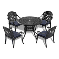 5-Piece Set Of Cast Aluminum Patio Furniture  With Black Frame and  Seat Cushions In Random Colors