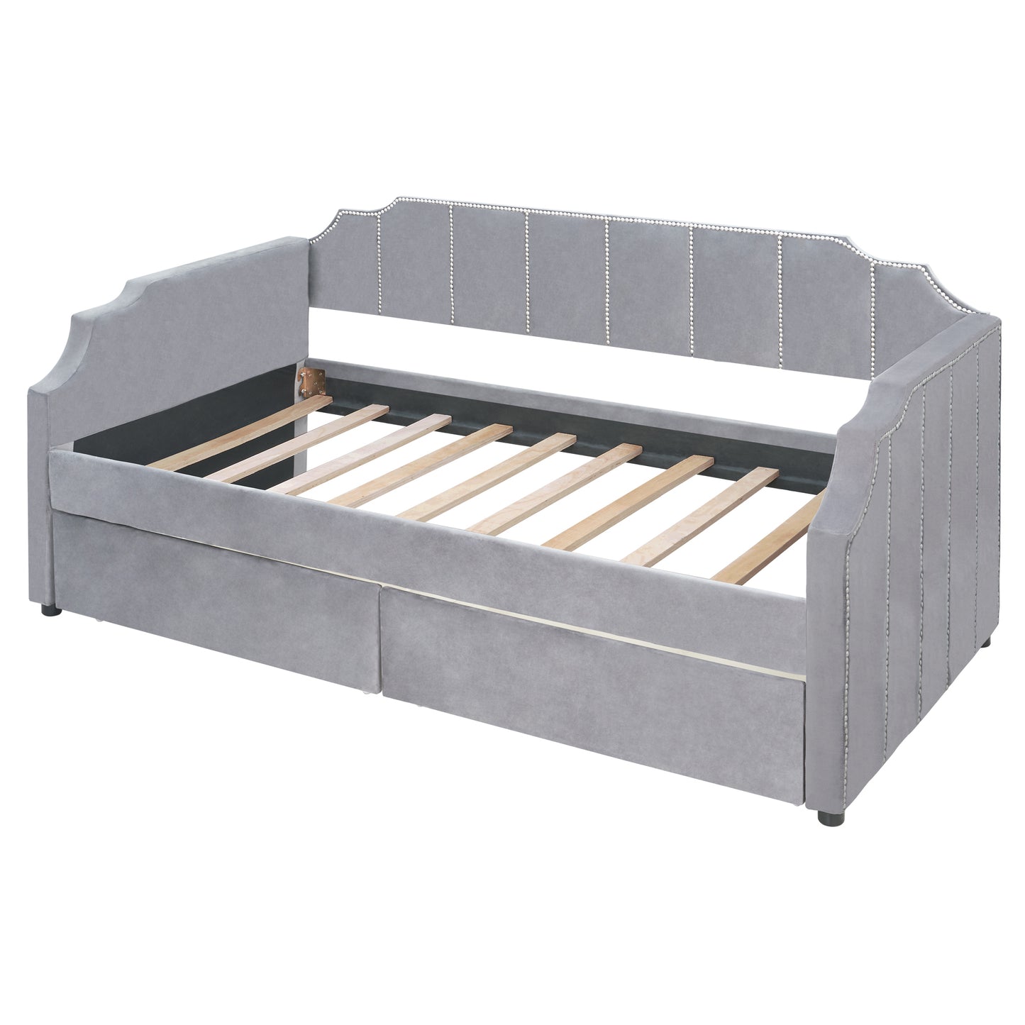 Twin Size Upholstered Daybed with Drawers, Wood Slat Support, Gray