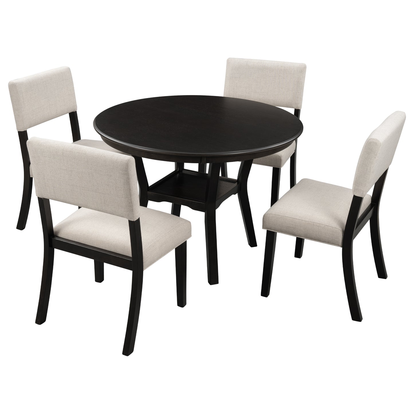 5-Piece Kitchen Dining Table Set Round Table with Bottom Shelf, 4 Upholstered Chairs for Dining Room (Espresso）