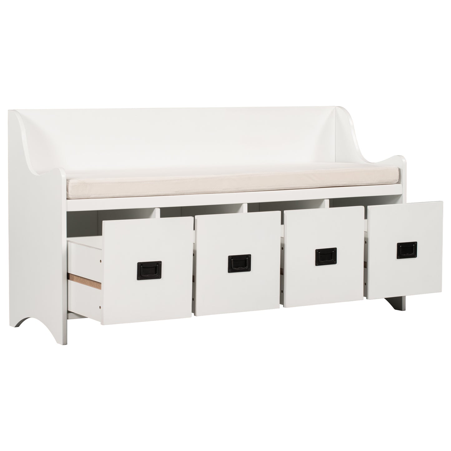 Movable Cushion Storage Bench with Drawers and Backrest for Entryway and Living Room (White)