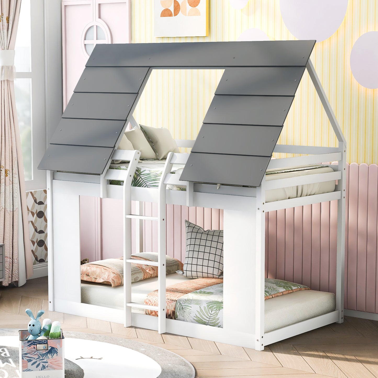 House Bunk Bed with Roof and Built-in Ladder, White