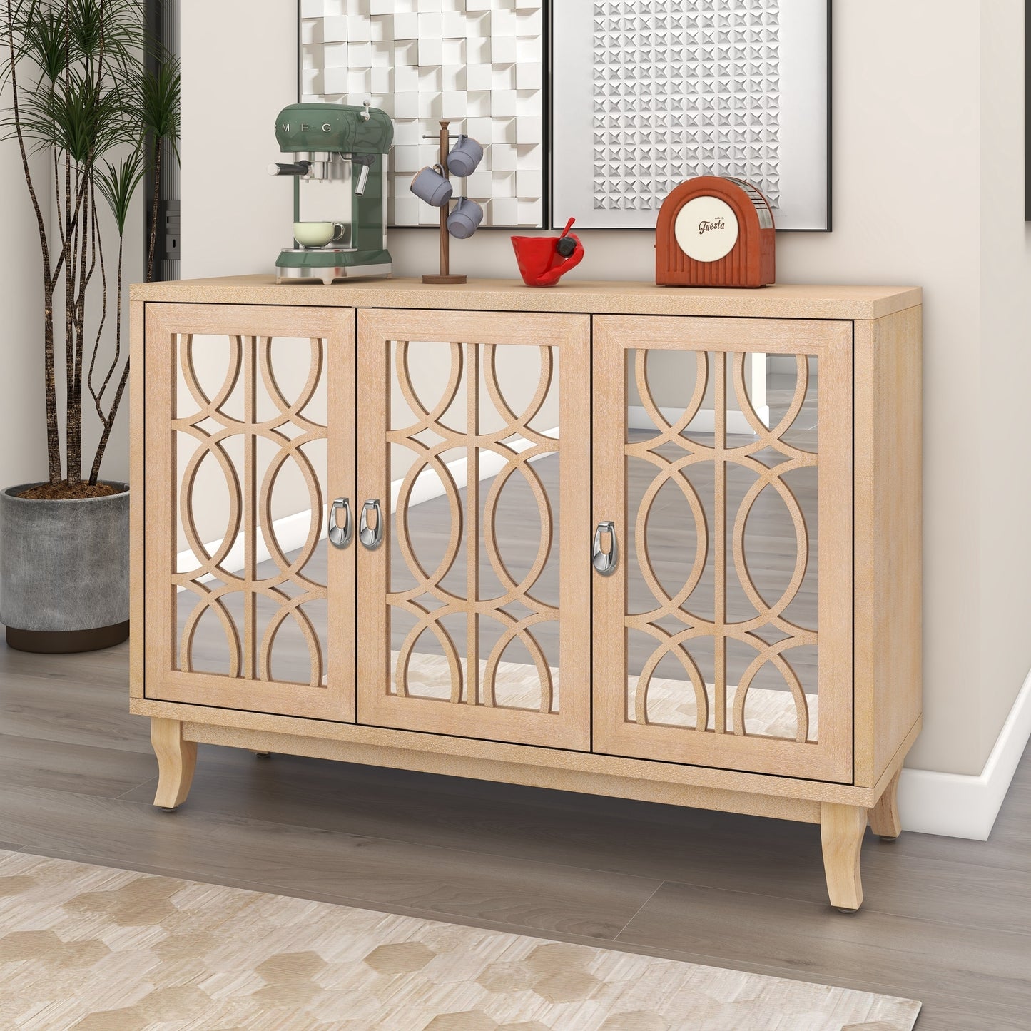 TREXM Sideboard with Glass Doors, 3 Door Mirrored Buffet Cabinet with Silver Handle for Living Room, Hallway, Dining Room (Natural Wood Wash)