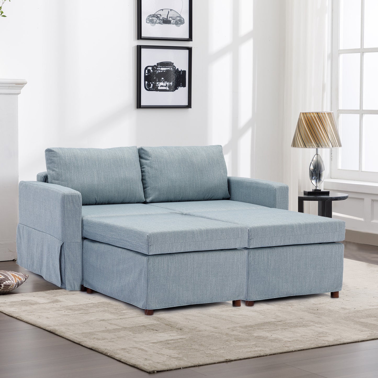 2 Seat Module Sectional Sofa Couch With 2 Ottoman,Seat Cushion and Back Cushion Removable and Washable,Light Blue