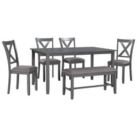 6-Piece Kitchen Dining Table Set Wooden Rectangular Dining Table, 4 Fabric Chairs and Bench Family Furniture (Gray)