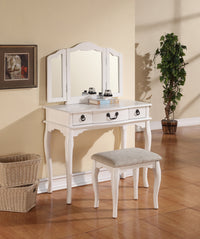 Bedroom Vanity Set w Foldable Mirror Stool Drawers White Color Vintage Classic Furniture MDF Rubber wood