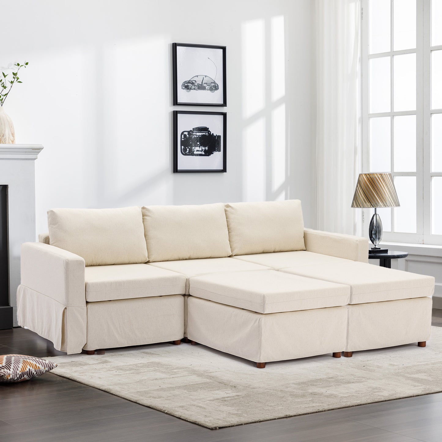 3 Seat Module Sectional Sofa Couch With 2 Ottoman,Seat Cushion and Back Cushion Removable and Washable,Cream