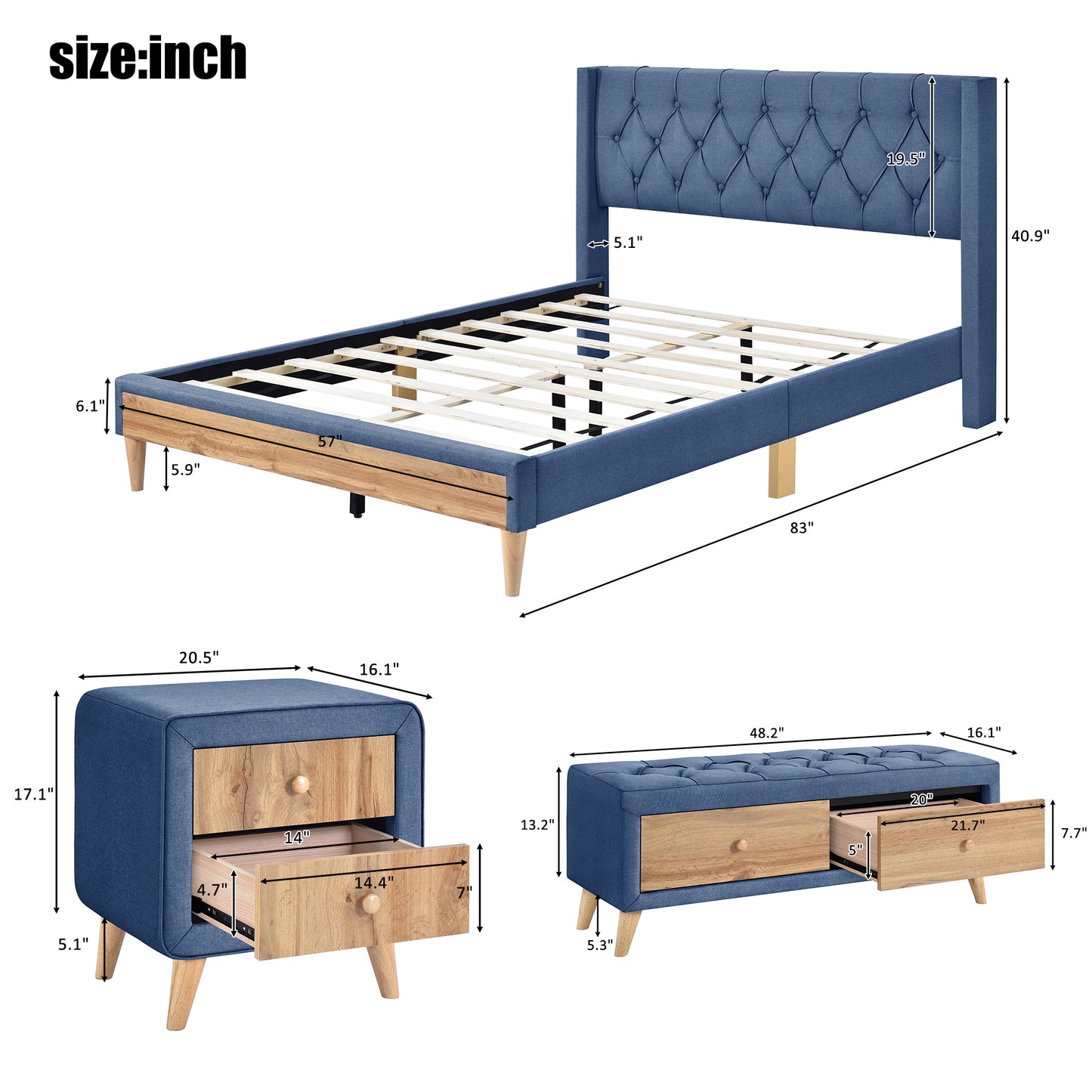 4-Pieces Bedroom Sets Full Size Upholstered Platform Bed with Two Nightstands and Storage Bench-Blue