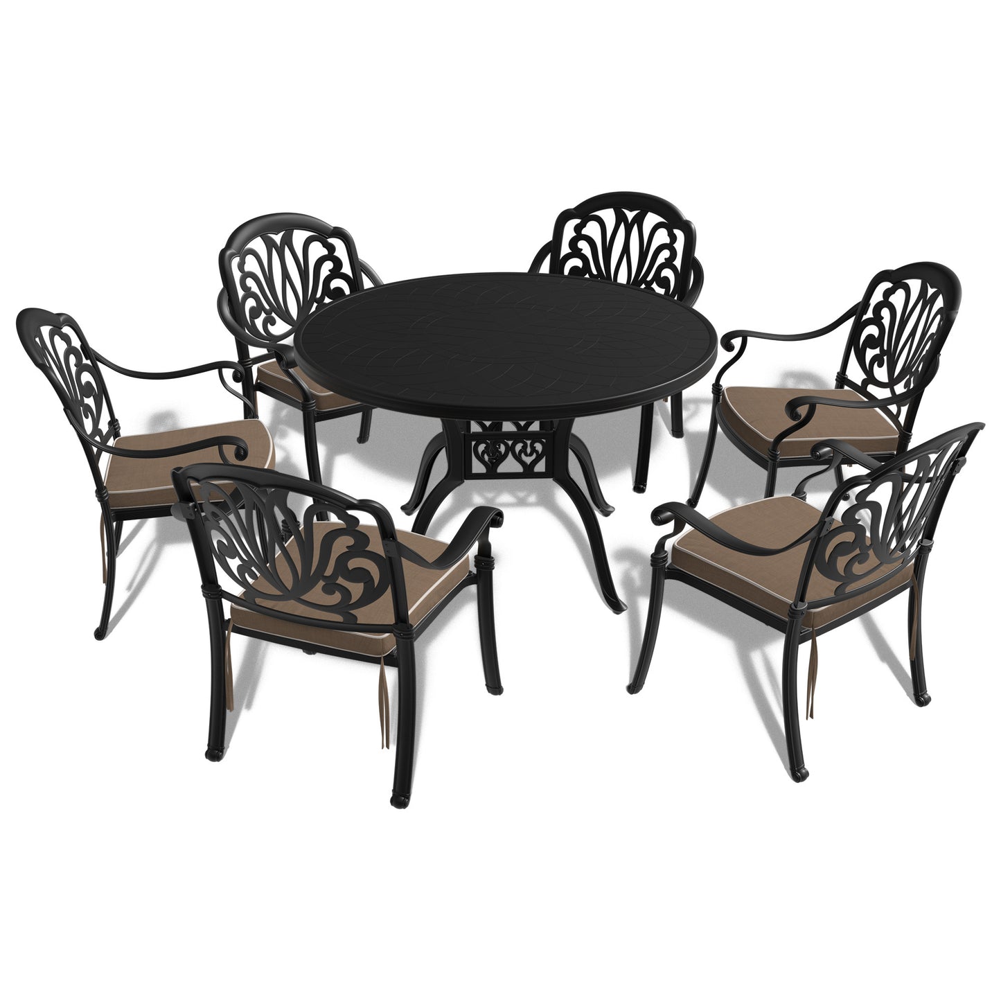 7-Piece Set Of Cast Aluminum Patio Furniture  With Black Frame and  Seat Cushions In Random Colors