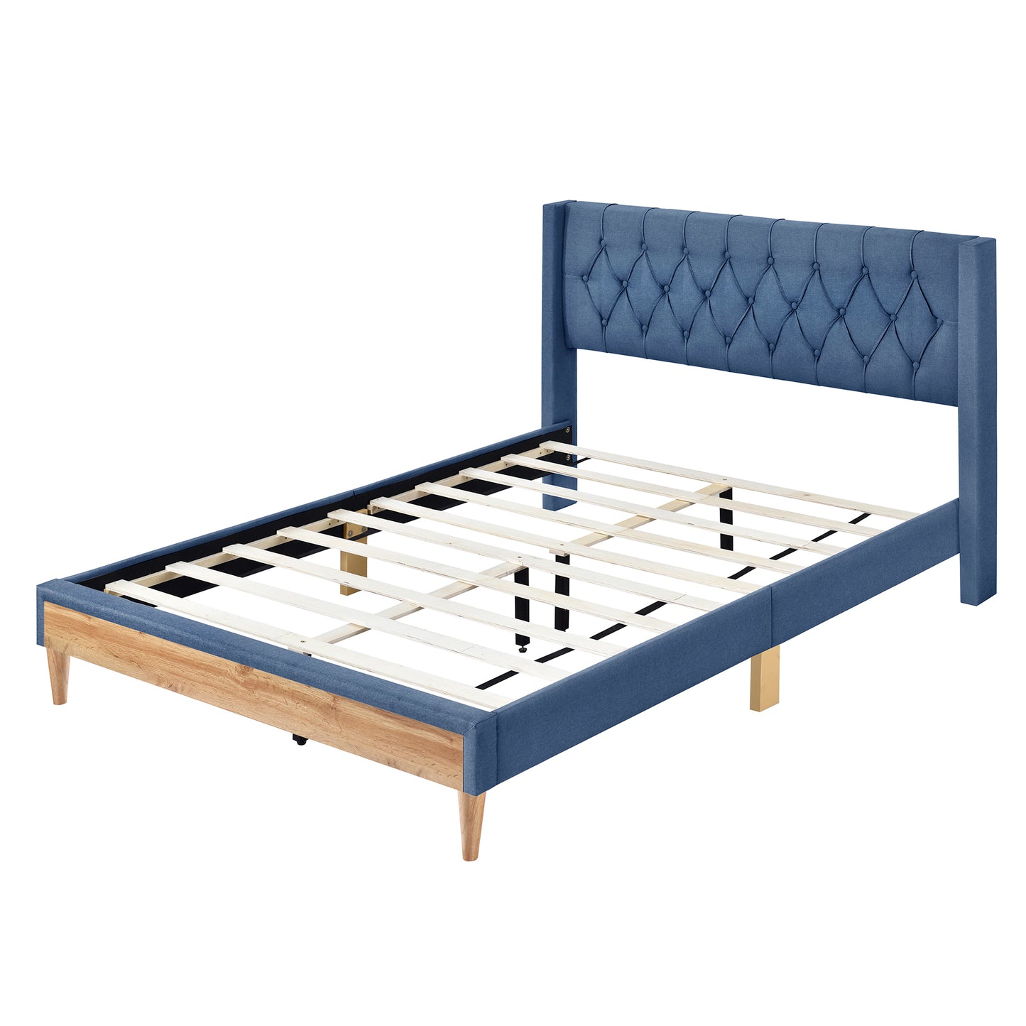 4-Pieces Bedroom Sets Queen Size Upholstered Platform Bed with Two Nightstands and Storage Bench-Blue