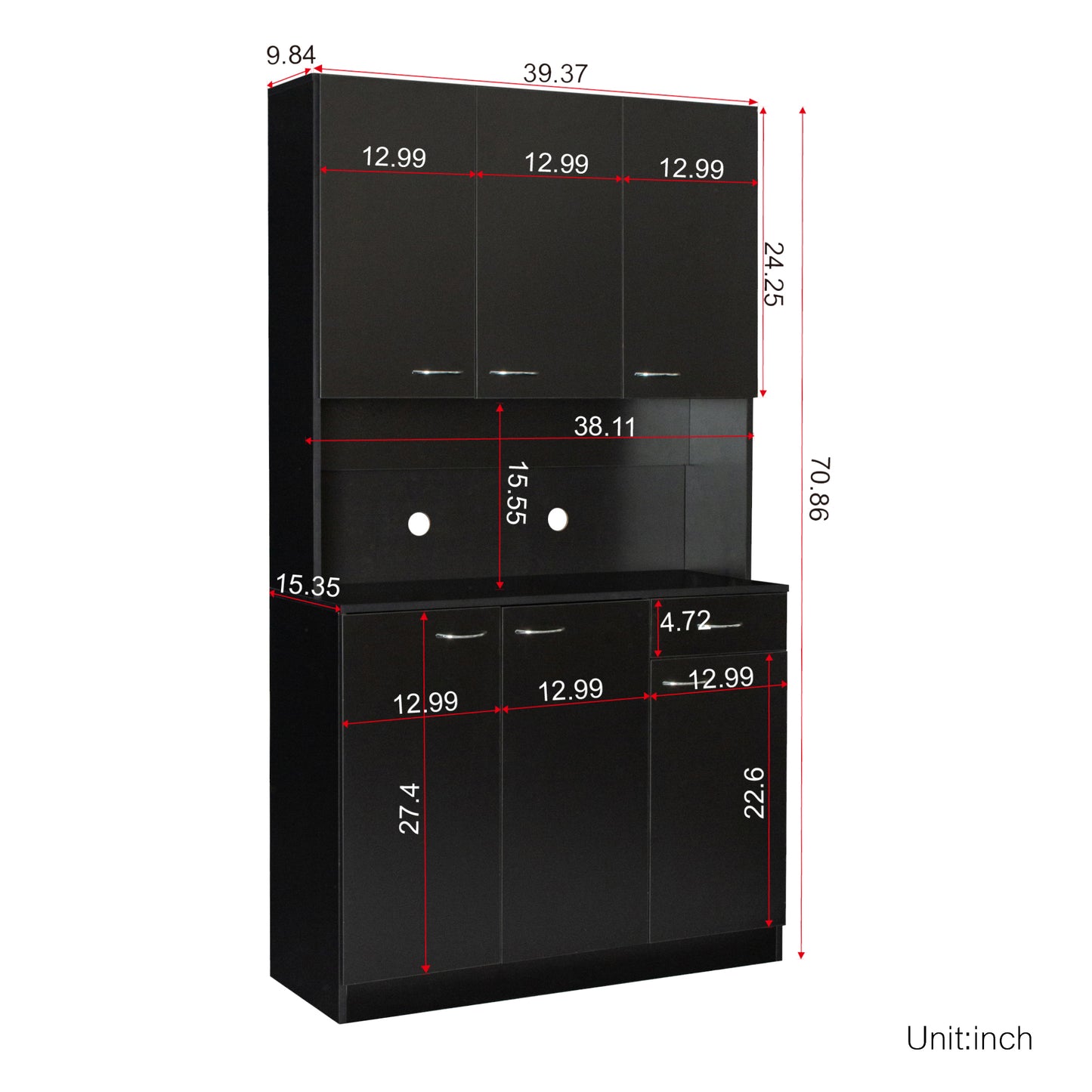 70.87" Tall Wardrobe & Kitchen Cabinet, with 6-Doors, 1-Open Shelves and 1-Drawer for Bedroom, Black