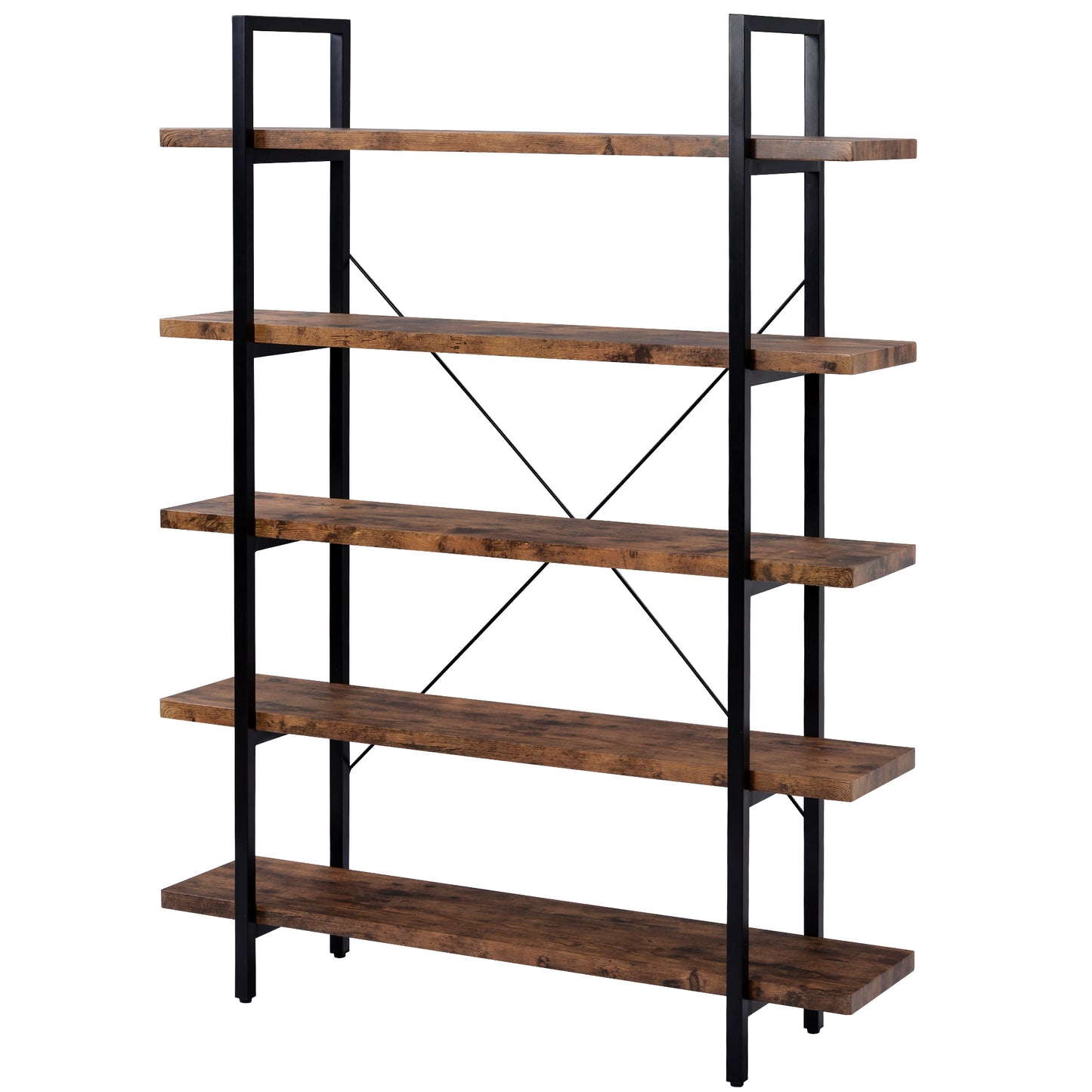 5-tier Industrial Bookcase with Rustic Wood and Metal Frame, Large Open Bookshelf for Living Room (Distressed Brown)