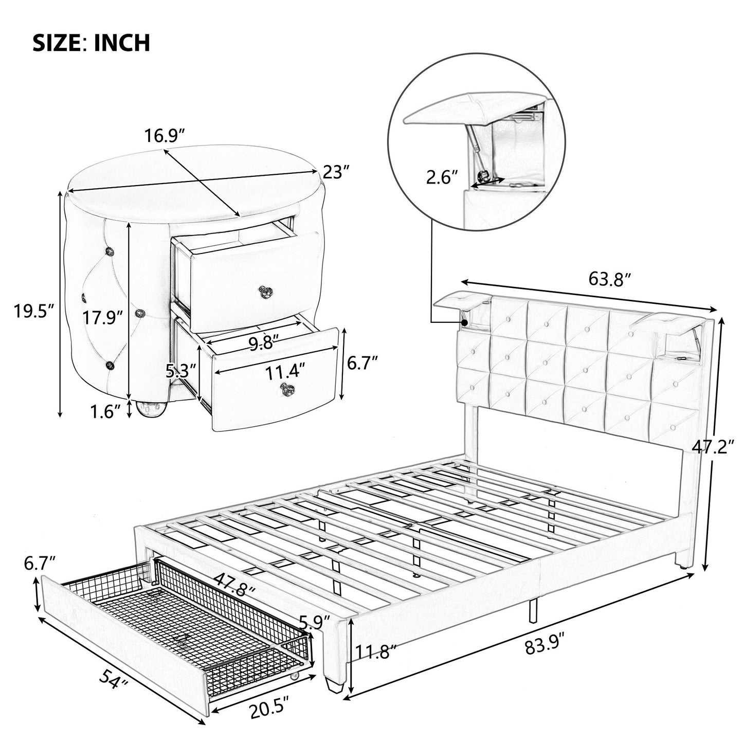 3-Pieces Bedroom Sets, Queen Size Upholstered Platform Bed with Two Wireless Chargers, Two Motion Activated Night Lights and Two Nightstands-White