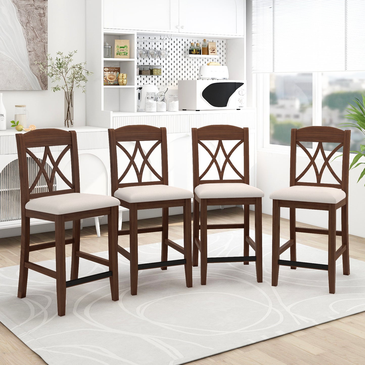 TOPMAX Casual Counter Height Wood Upholstered Dining Chairs with Cross Backs, Set of 4, Walnut+Beige