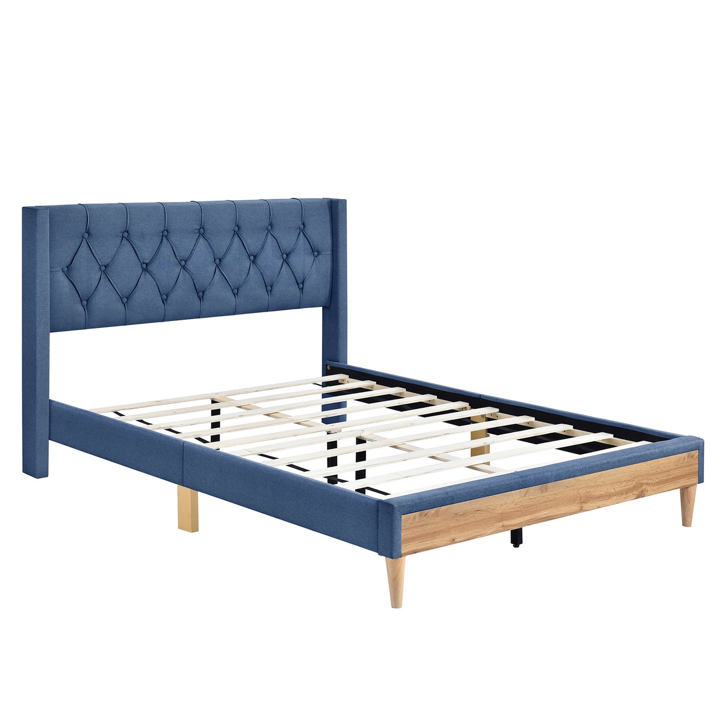 4-Pieces Bedroom Sets Full Size Upholstered Platform Bed with Two Nightstands and Storage Bench-Blue