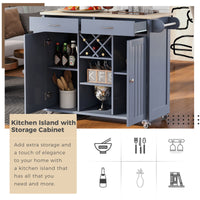 K&K Store Kitchen Island Cart with Two Storage Cabinets and Four Locking Wheels, Wine Rack, Two Drawers, Spice Rack, Towel Rack (Grey Blue)