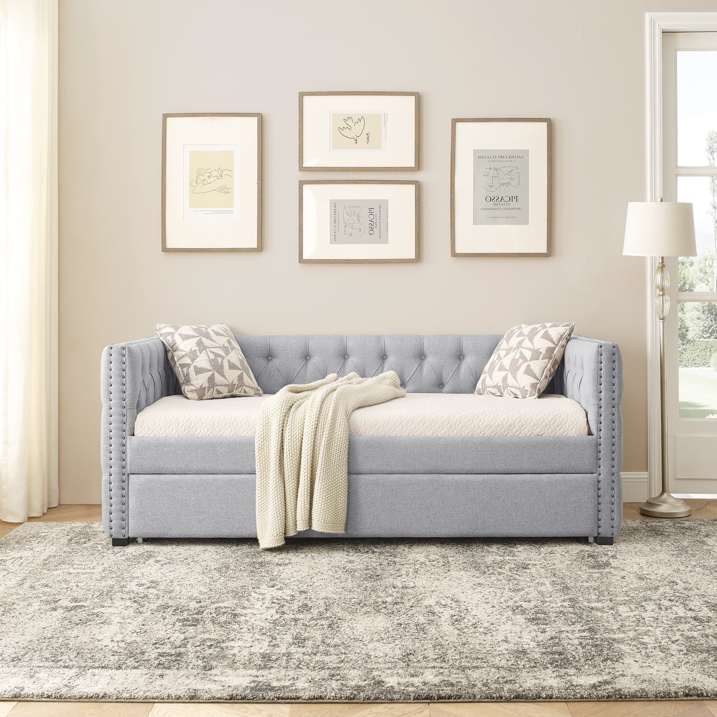 Daybed with Trundle Upholstered Tufted Sofa Bed with Button and Copper Nail on Square Arms, Twin Size, Grey (85“x42.5”x31.5“)