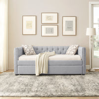 Daybed with Trundle Upholstered Tufted Sofa Bed with Button and Copper Nail on Square Arms, Twin Size, Grey (85“x42.5”x31.5“)