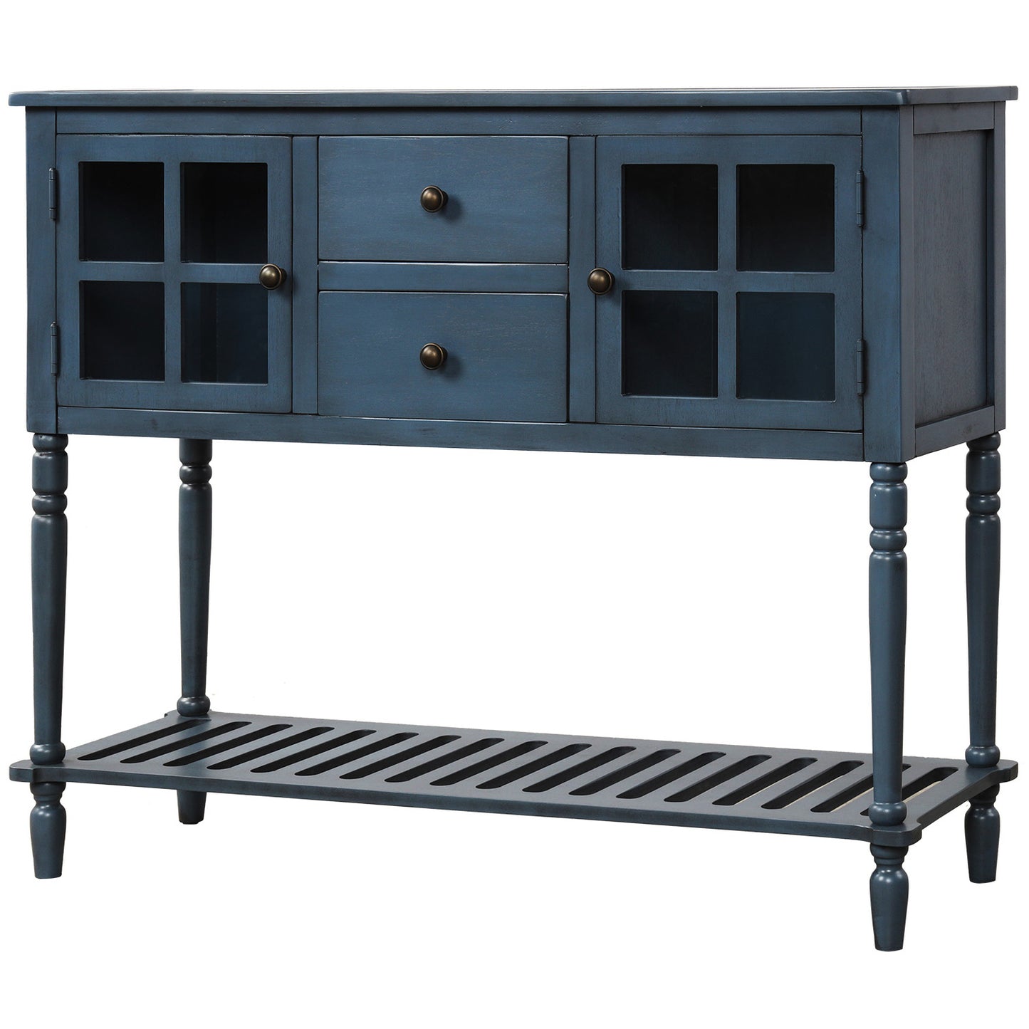 Sideboard Console Table with Bottom Shelf, Farmhouse Wood/Glass Buffet Storage Cabinet Living Room (Antique Navy)