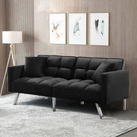 Futon Sofa Sleeper Black Velvet with 2 Pillows