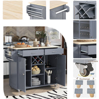 K&K Store Kitchen Island Cart with Two Storage Cabinets and Four Locking Wheels, Wine Rack, Two Drawers, Spice Rack, Towel Rack (Grey Blue)