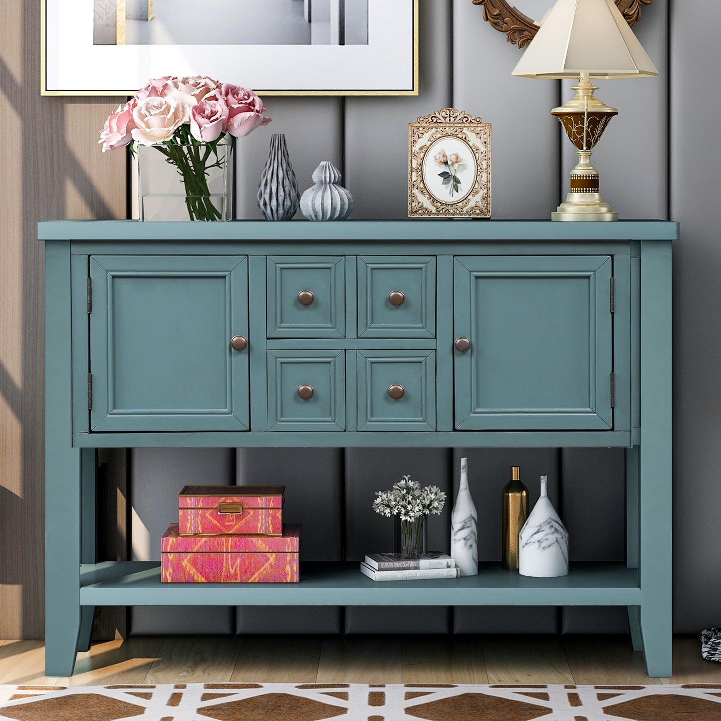 Cambridge Series Buffet Sideboard Console Table with Bottom Shelf (Dark Blue)