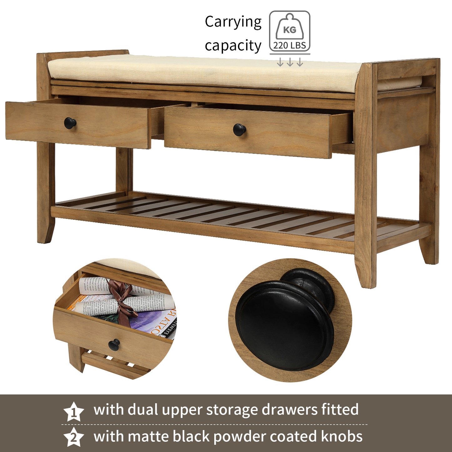 Shoe Rack with Cushioned Seat and Drawers, Multipurpose Entryway Storage Bench (Old Pine)