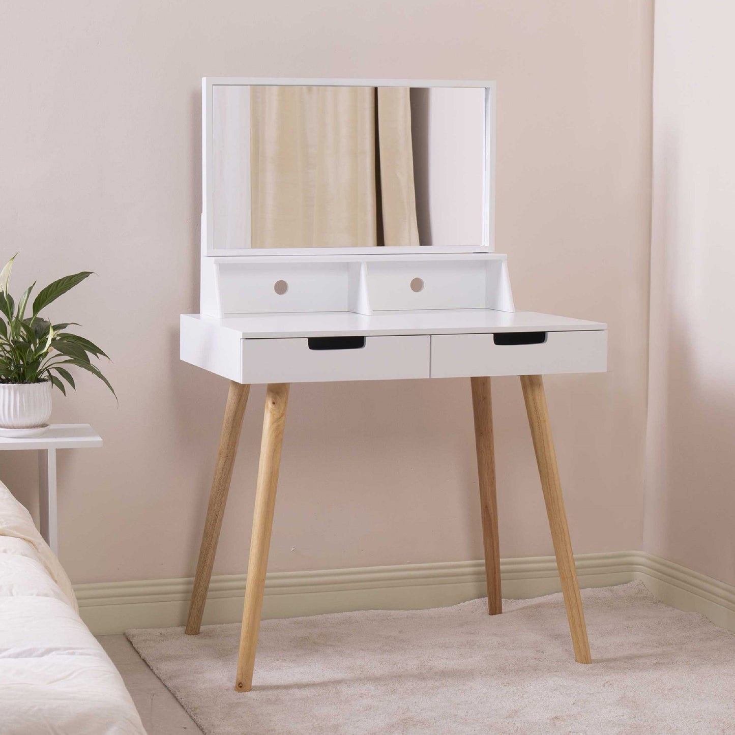 Wooden Mirror Vanity Desk Makeup Table, White