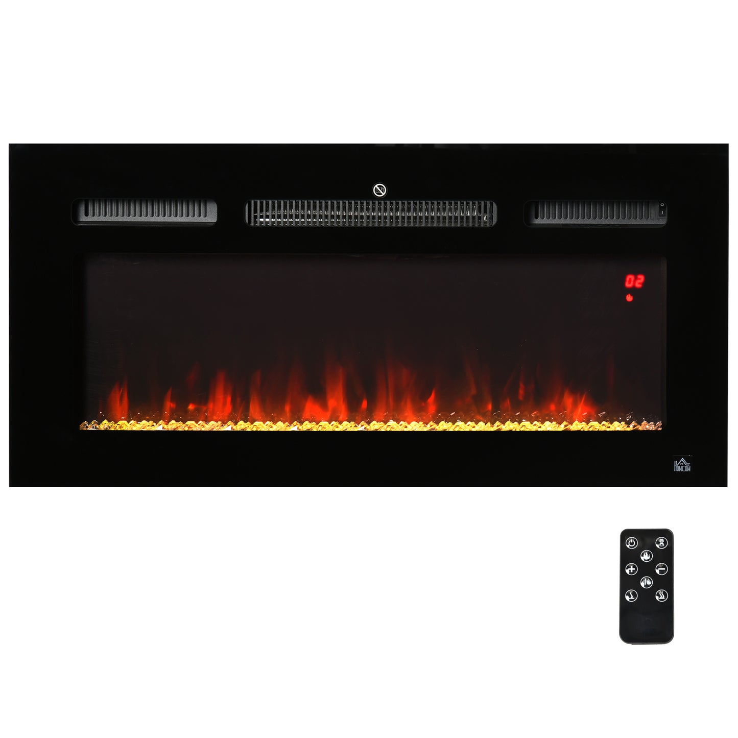 HOMCOM 36" 1500W Recessed and Wall Mounted Electric Fireplace Inserts with Remote, Adjustable Flame Color and Brightness, Cryolite-Effect Rocks, Black