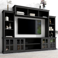 ON-TREND Minimalism Style Entertainment Wall Unit with Bridge, Modern TV Console Table for TVs Up to 70”, Multifunctional TV Stand with Tempered Glass Door, Black