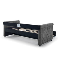 Daybed with Trundle Upholstered Tufted Sofa Bed with Button and Copper Nail on Arms, Twin Size, Grey (85.5“x42”x30.5“)