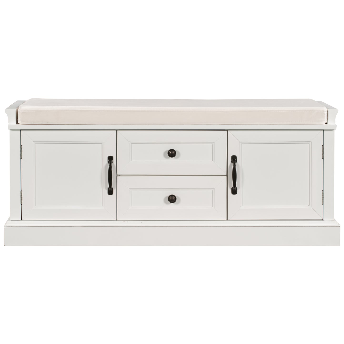 Storage Bench with 2 Drawers and 2 Cabinets, Shoe Bench with Removable Cushion for Living Room, Entryway (White)