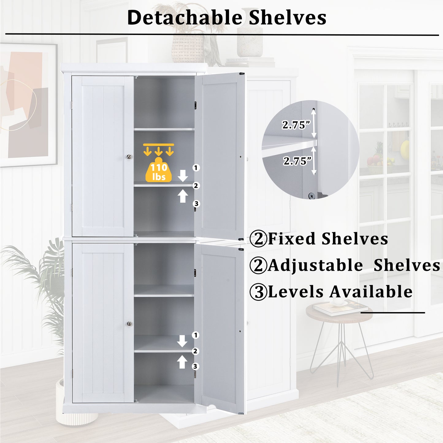 Freestanding Tall Kitchen Pantry, 72.4" Minimalist Kitchen Storage Cabinet Organizer with 4 Doors and Adjustable Shelves, White