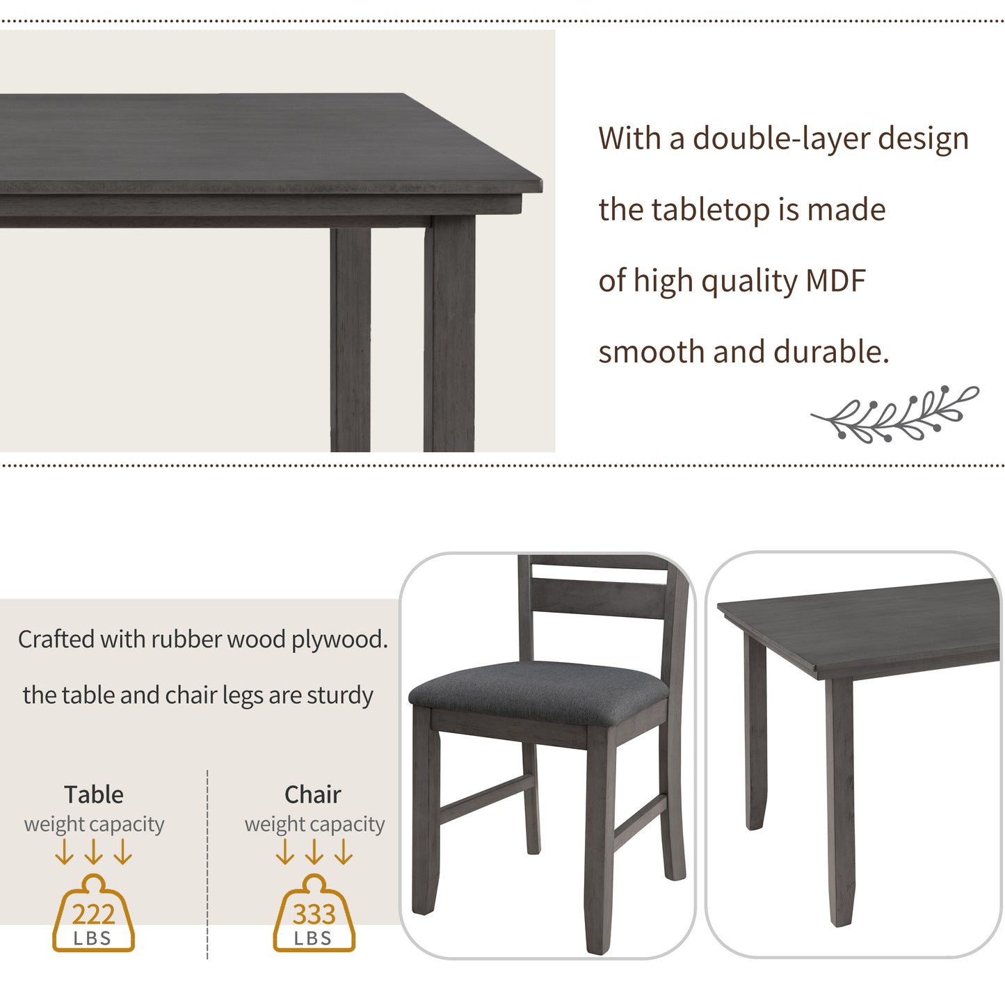 Dining Room Table and Chairs with Bench, Rustic Wood Dining Set, Set of 6 (Gray)