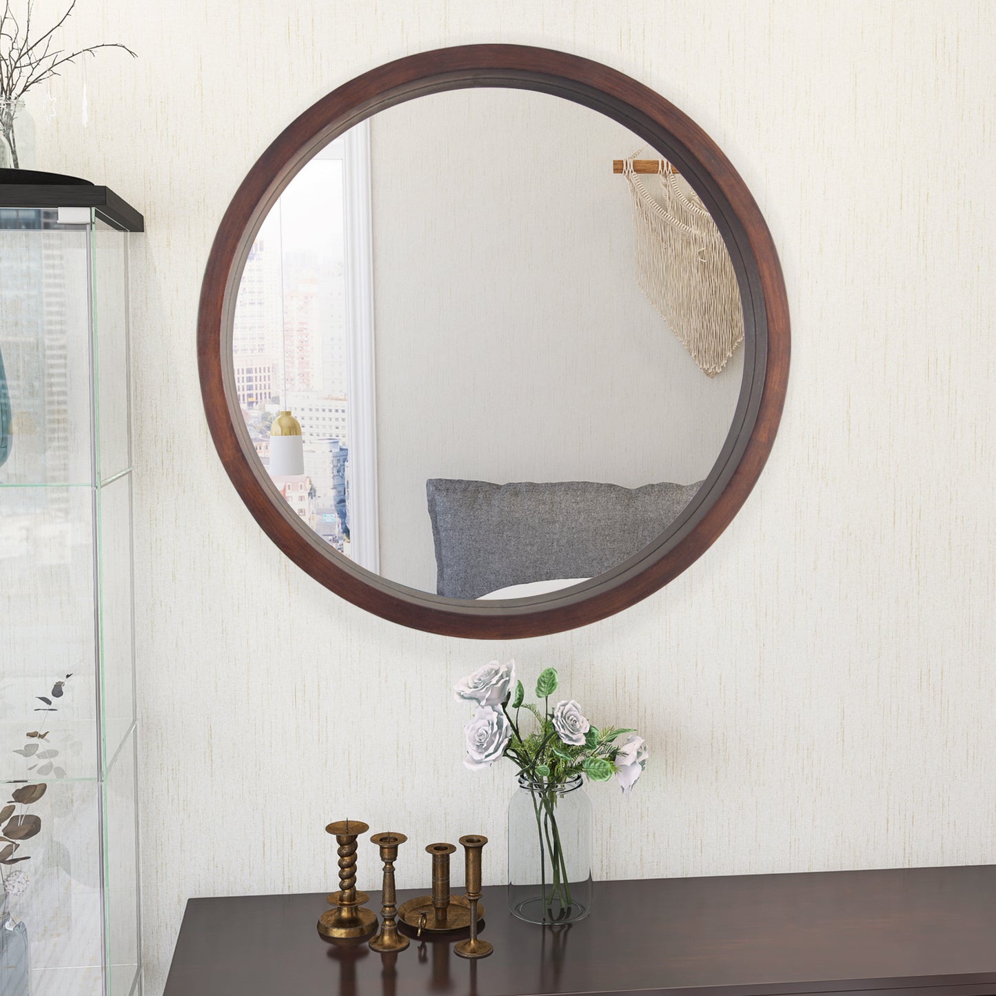 Circle Mirror with Wood Frame, Round Modern Decoration Large Mirror for Bathroom Living Room Bedroom Entryway, Walnut Brown, 24"