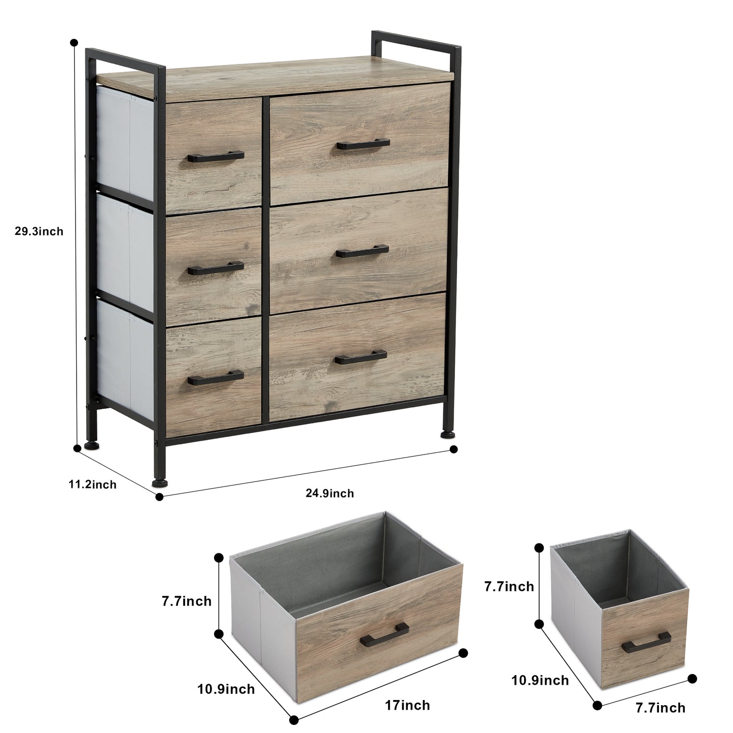 Dresser with 6 Drawers, Storage Tower, Organizer Unit, Fabric Dresser for Bedroom, Hallway, Entryway, Closets, Sturdy Steel Frame, Wood Top