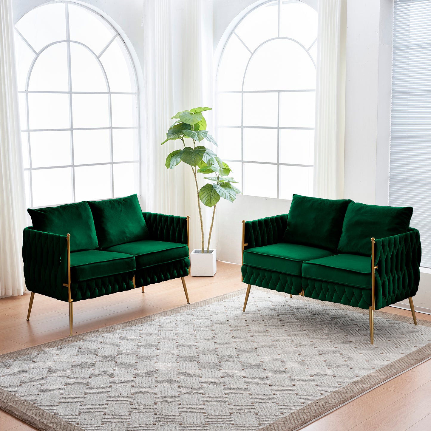 2 Pieces of Loveseat Set Modern Living Room Furniture Set Sofa Couch with Dutch Velvet, Golden Metal Legs And Handmade Woven Back, Green Velvet