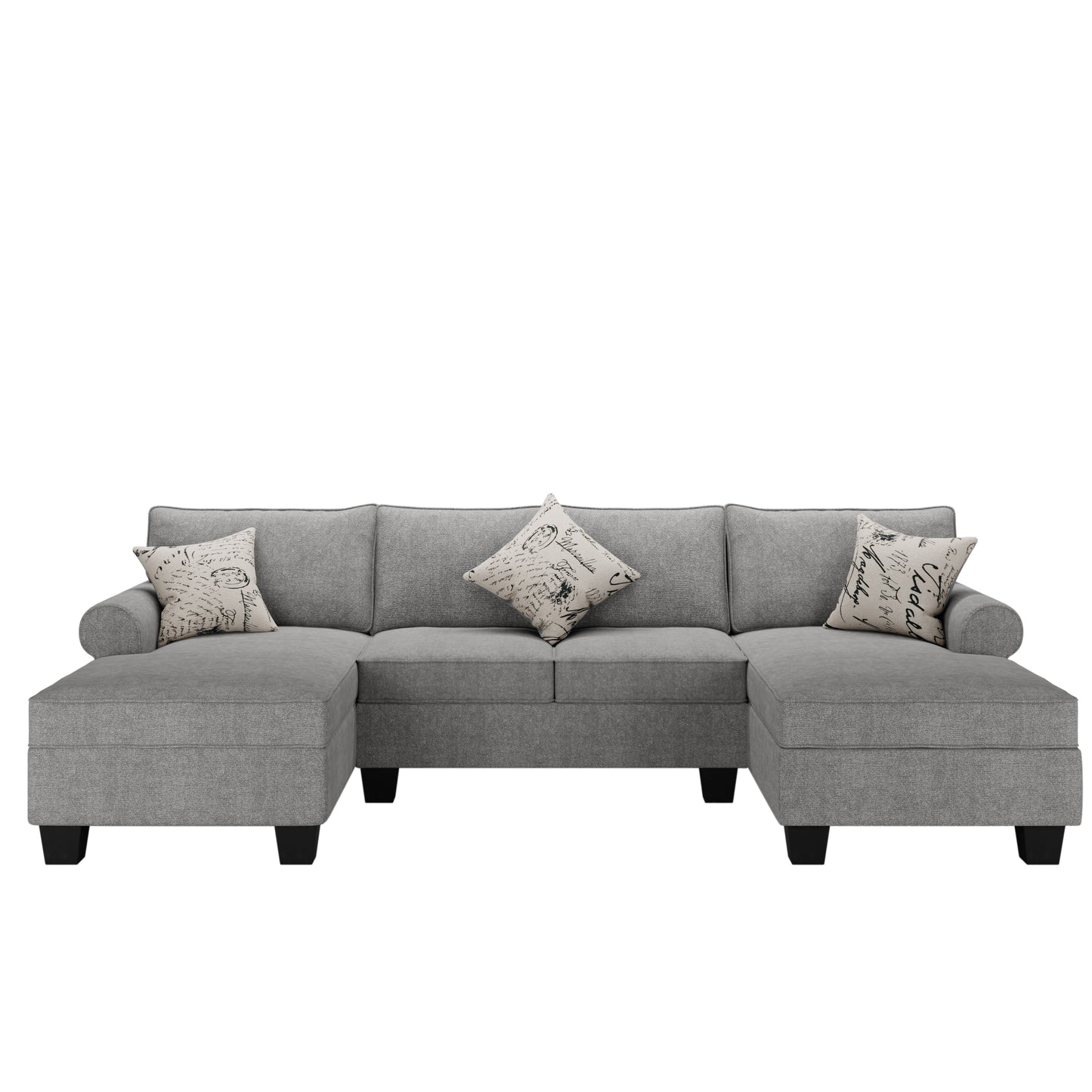 Family-Friendly 3pc U Shaped Sectional with 2 Storage Chaises, Rolled Arm with 3 Throw Pillows, Chenille, Grey