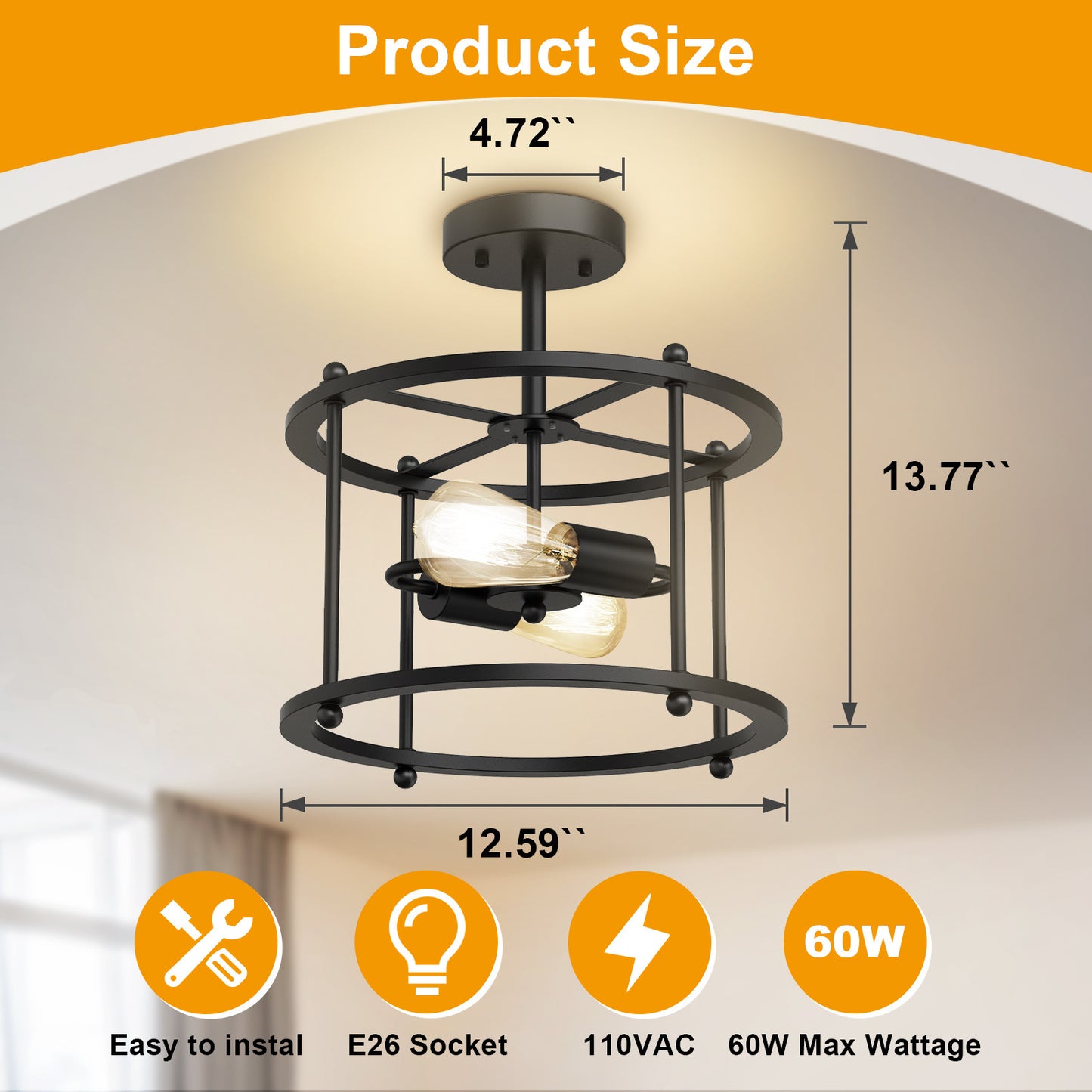 Black Semi-Recessed Ceiling Light, 2 Lights Farmhouse Industrial Style with E26/27 Bulb Base (without Bulb), Voltage 110V and 220V