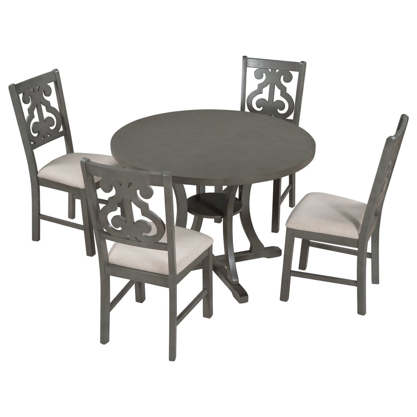 5-Piece Round Dining Table and Chair Set with Special-shaped Legs and an Exquisitely Designed Hollow Chair Back for Dining Room (Gray)