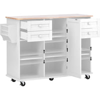 K&K kitchen island cart with Spice Rack, Towel Rack & Drawer, Rubber Wood Desktop, 5 Wheels Including 4 Lockable Wheels, 52.8inch Width (White)